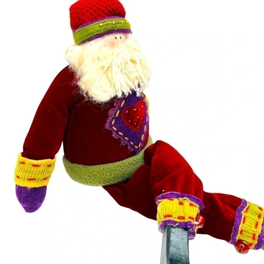 PRIMITIVE Santa Clause Shelf Sitter Christmas Decor Wooden Boots Fuzzy Beard 17”